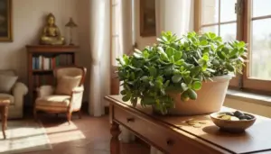 Pianta di albero di giada su un tavolo vicino a una finestra in un salotto luminoso