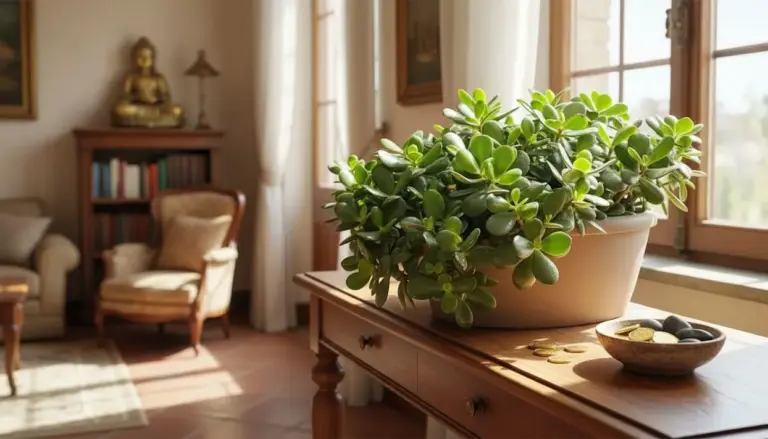 Pianta di albero di giada su un tavolo vicino a una finestra in un salotto luminoso