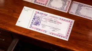 Buono fruttifero postale da 50 milioni di lire su un tavolo di legno