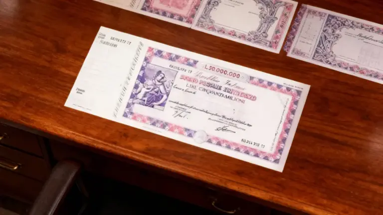 Buono fruttifero postale da 50 milioni di lire su un tavolo di legno