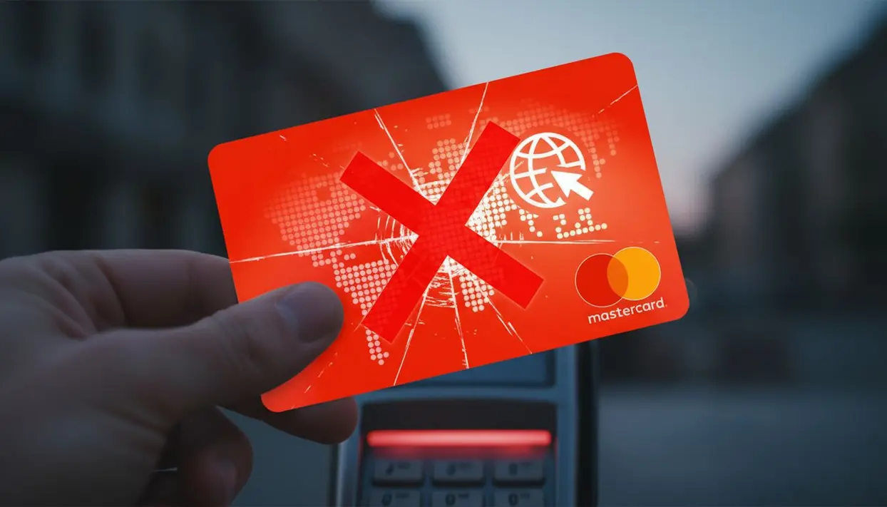 Una mano tiene una carta prepagata rossa con una X sopra davanti a un POS