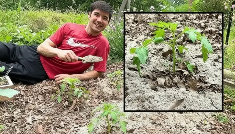 Una persona in un orto mostra cenere sparsa attorno a piantine di pomodoro