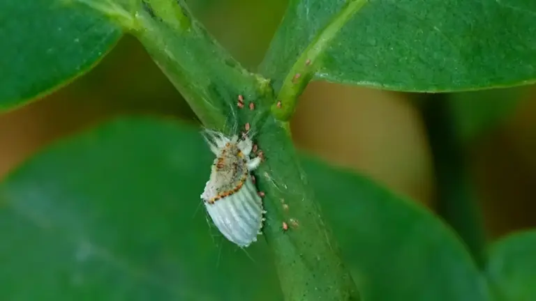 Cocciniglia bianca su un ramo verde di pianta infestata