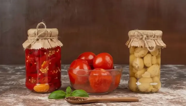 Pomodori freschi in una ciotola e verdure conservate in barattoli di vetro su un tavolo