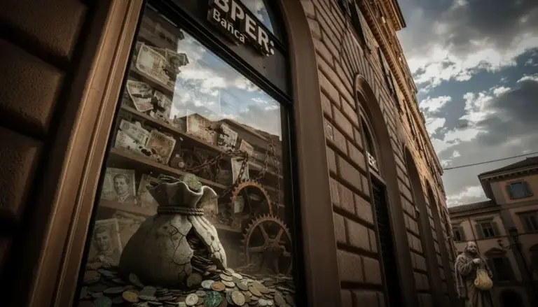 Vetrina di una banca con monete sparse e un sacco danneggiato