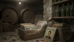 Una mano tiene una torcia esplorando dischi in vinile in una cantina polverosa.