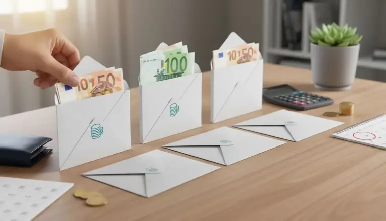 Mano inserisce banconote in una busta su scrivania con altre buste e strumenti per il risparmio