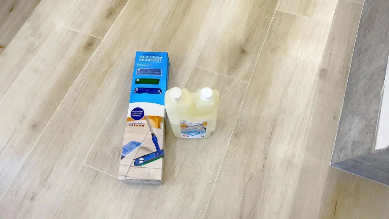 Detergente e kit per la pulizia su pavimento in gres porcellanato chiaro