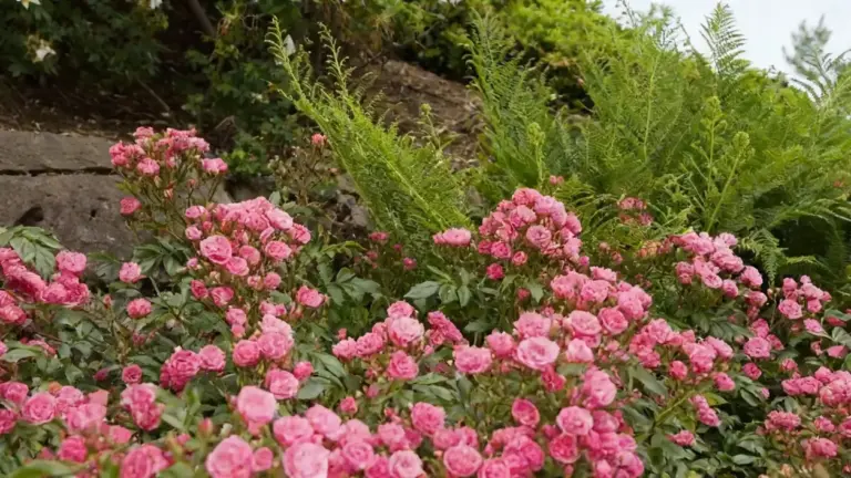 Cespugli di rose rosa in fiore in un giardino con felci sullo sfondo