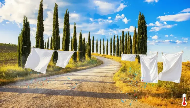 Lenzuola bianche stese ad asciugare all'aperto su una strada di campagna